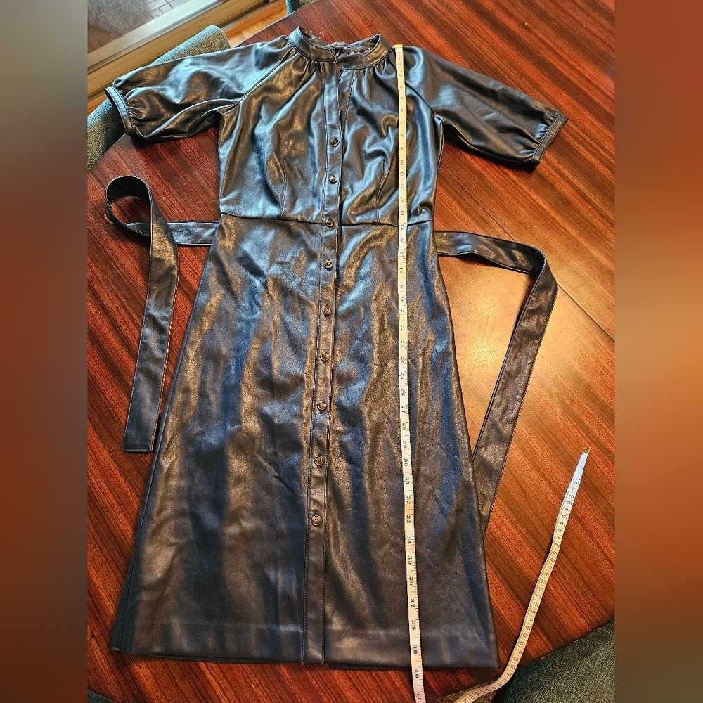 Ann Taylor Faux Leather Navy Shirt Dress Short Sleeve Midi Sz 0 Petite NWT - Picture 10 of 13